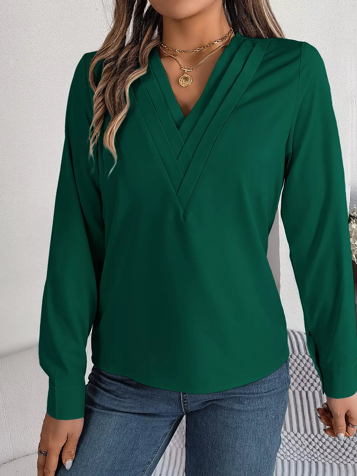 Layered V-Neck Long Sleeve Blouse - Dark Green - View 18