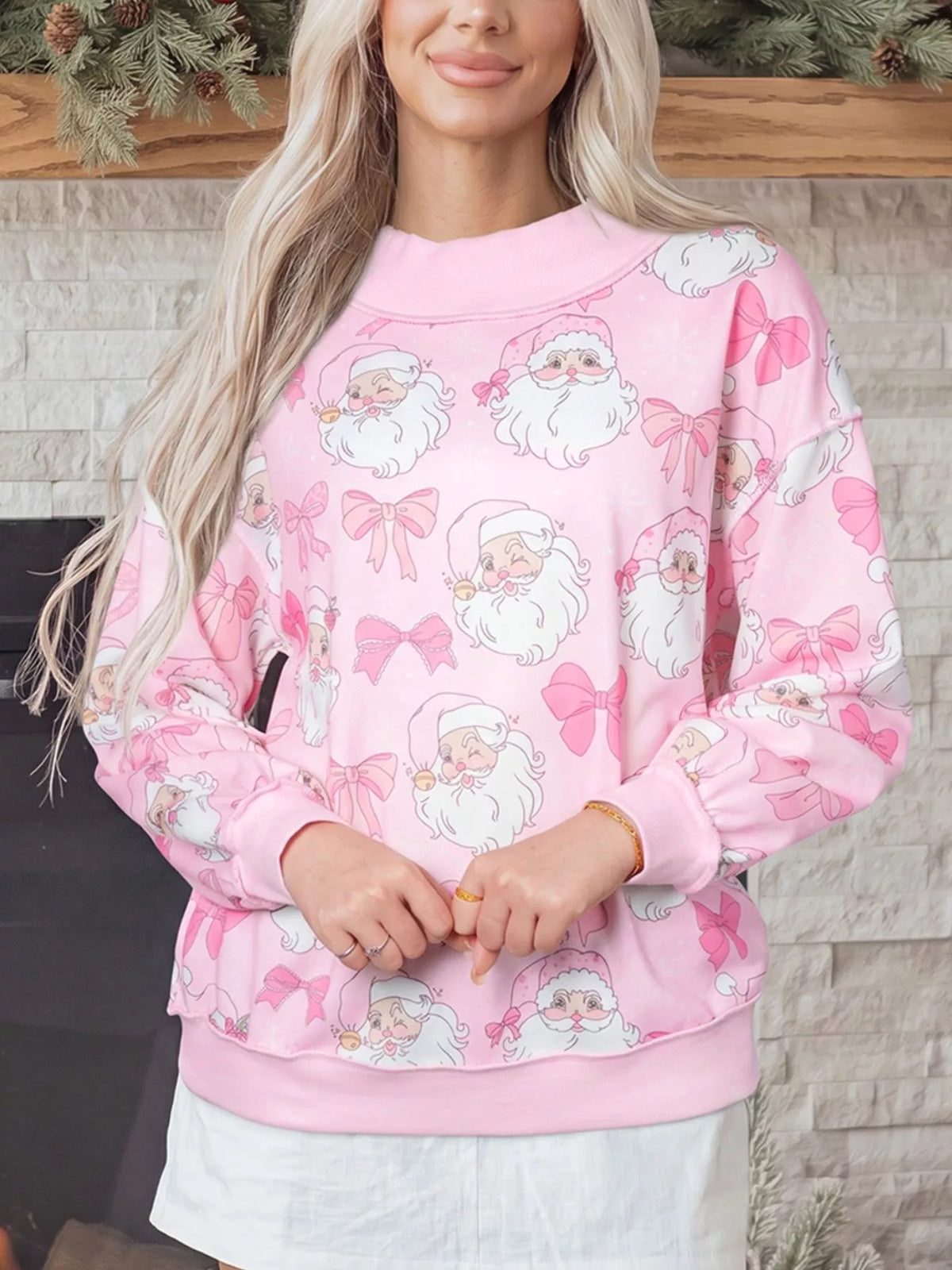 Abstract Santa Print Drop Shoulder High Neck Sweatshirt - Blush Pink - View 1
