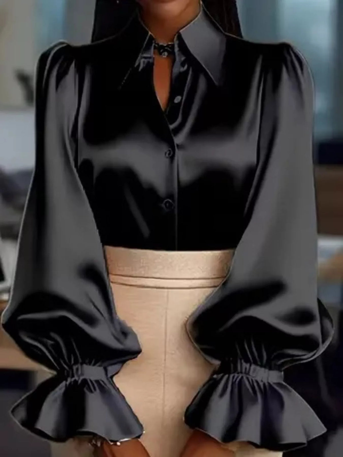Satin Button Up Flounce Sleeve Shirt - Black - View 3