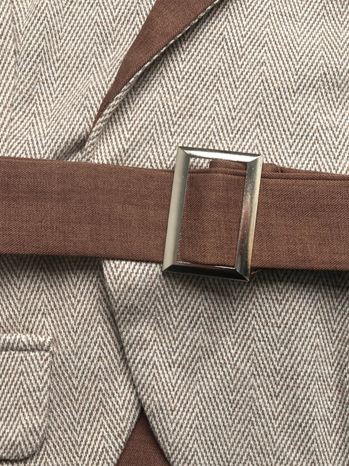 Pleated Patchwork Blazer Belt Dress - Brown - View 9