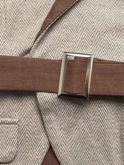 Pleated Patchwork Blazer Belt Dress - Brown - View 9
