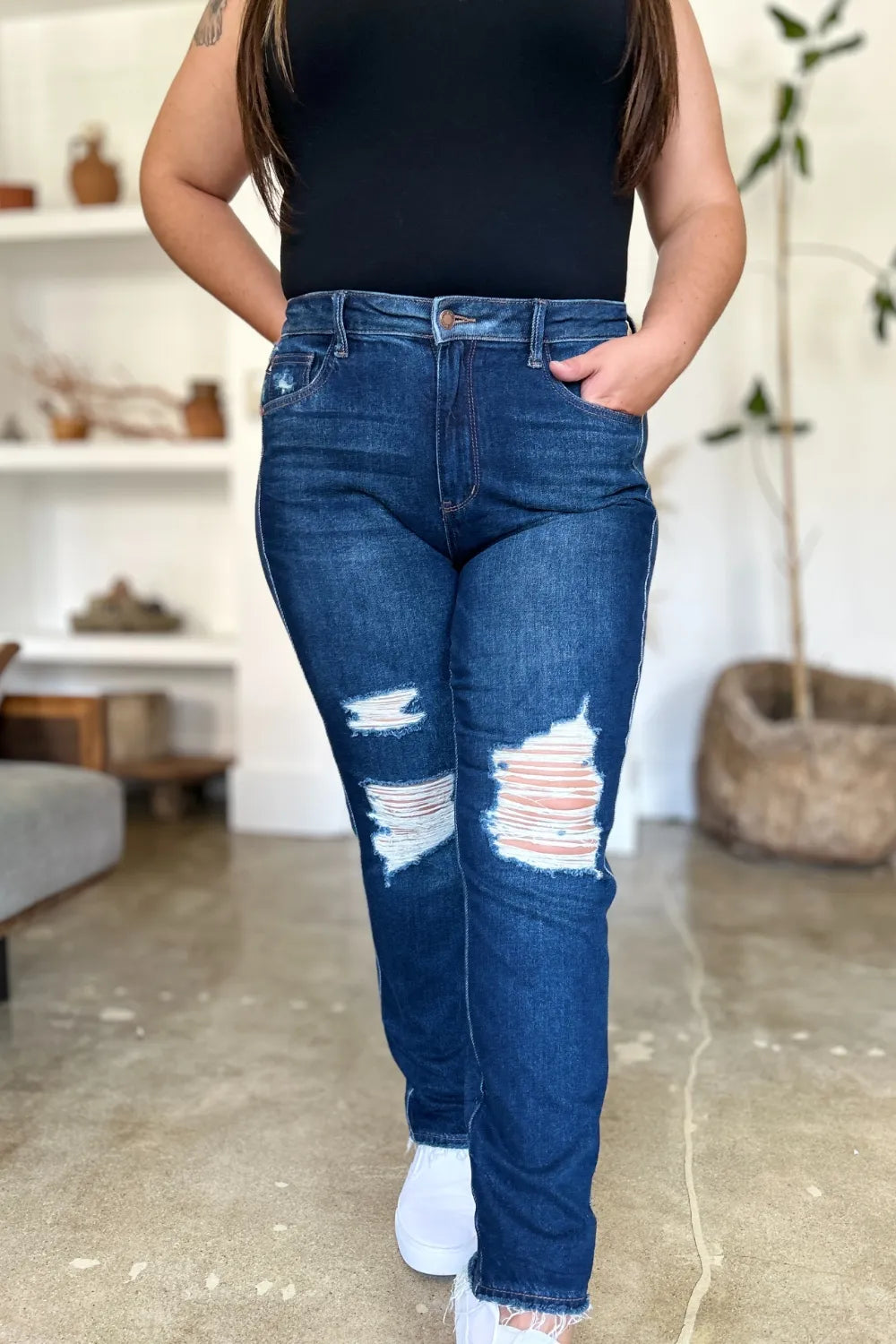 Judy Blue Full Size High Waist Rigid Magic Heavy Destroy Straight Jeans - Dark - View 5