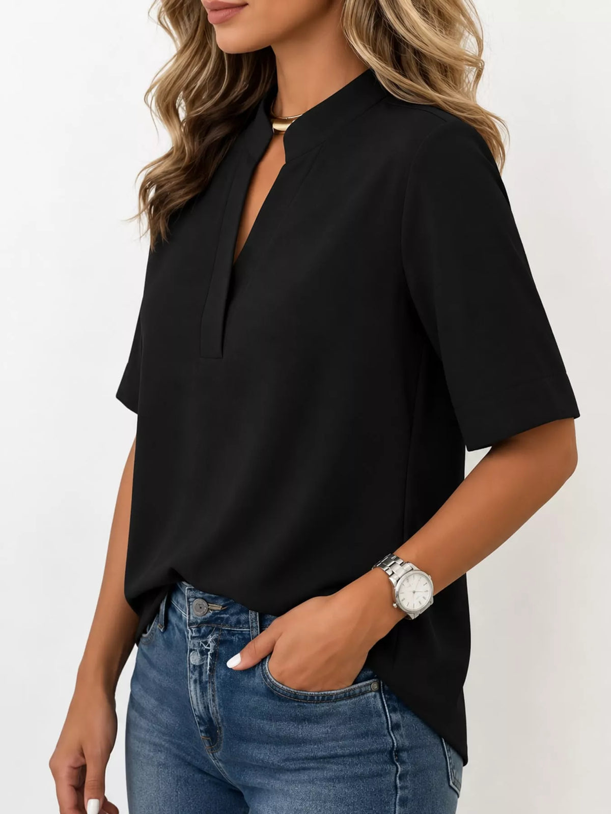 Full Size Notched Short Sleeve Blouse Plus Size - Black - View 7