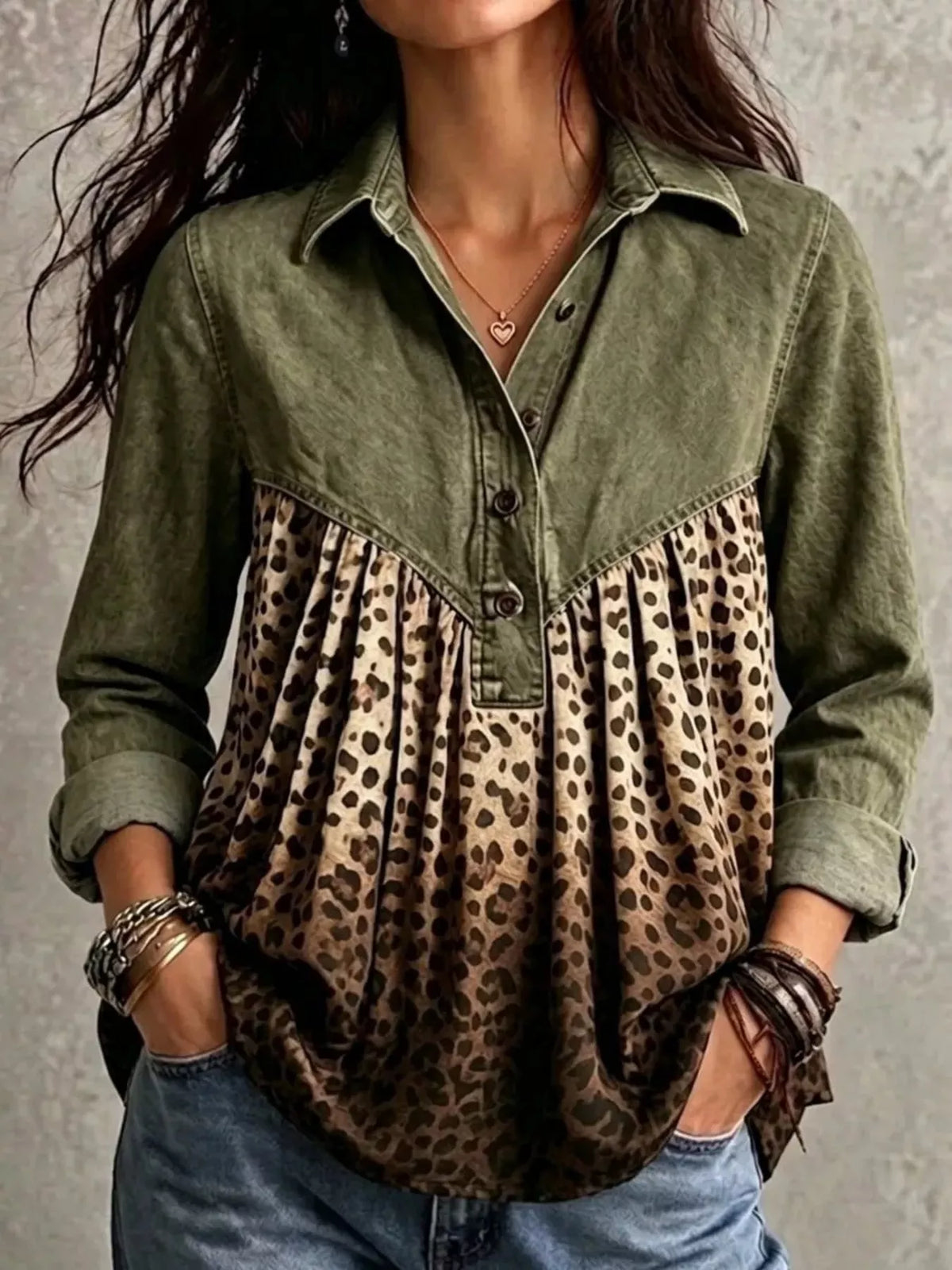Full Size Leopard Button Detail Blouse Plus Size - Dark Green - View 1