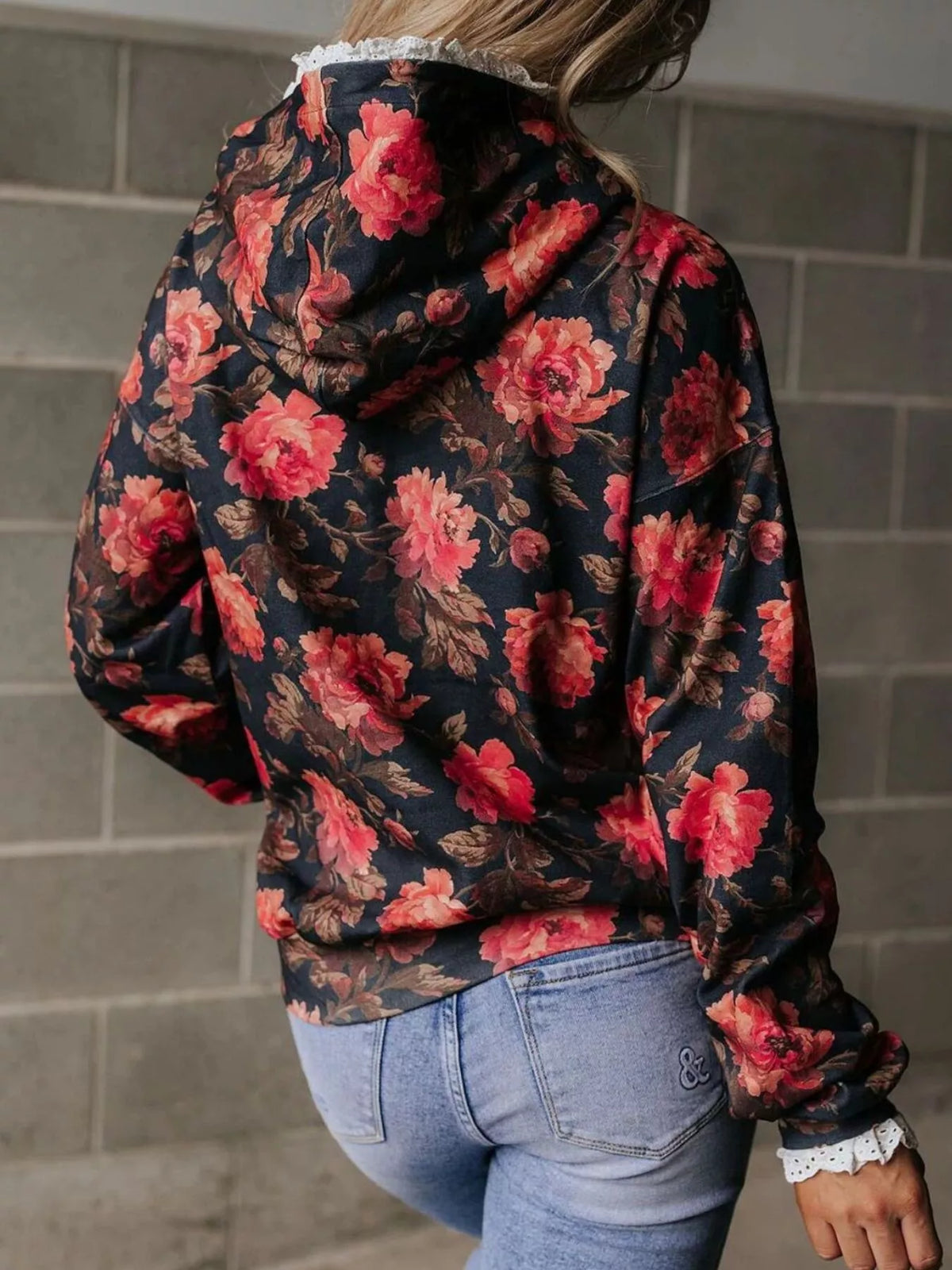 Lace Trim Kangaroo Pocket Hoodie - Black - View 4