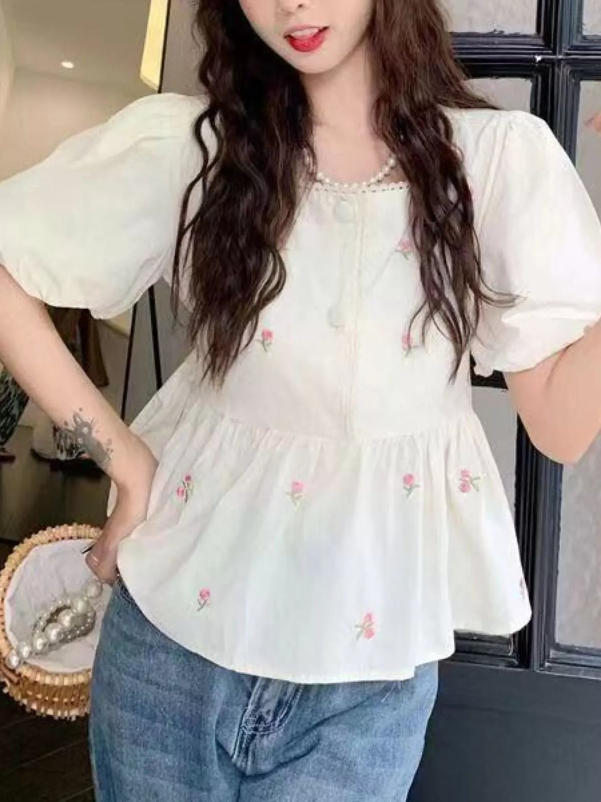 Floral Embroidered Puff Sleeve Peplum Blouse - Picture Color - View 7