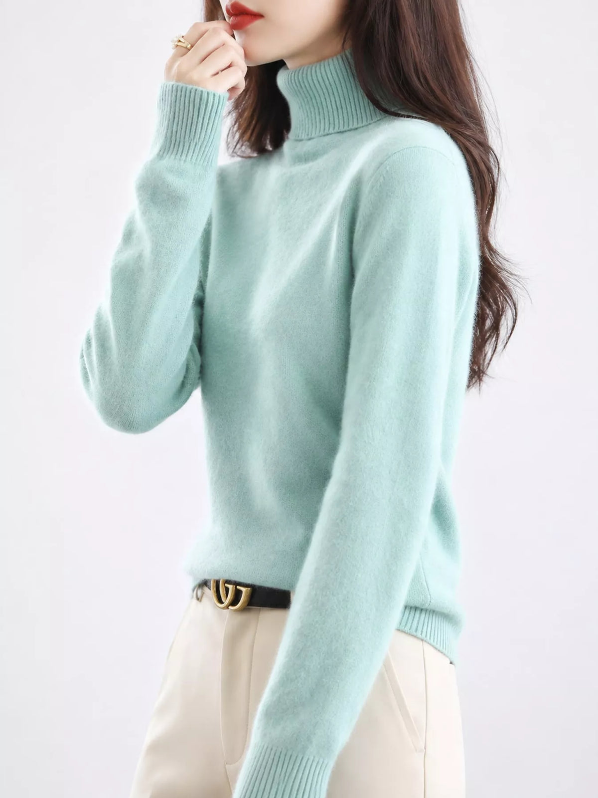 Full Size Turtleneck Long Sleeve Sweater Plus Size - Mint Green - View 22