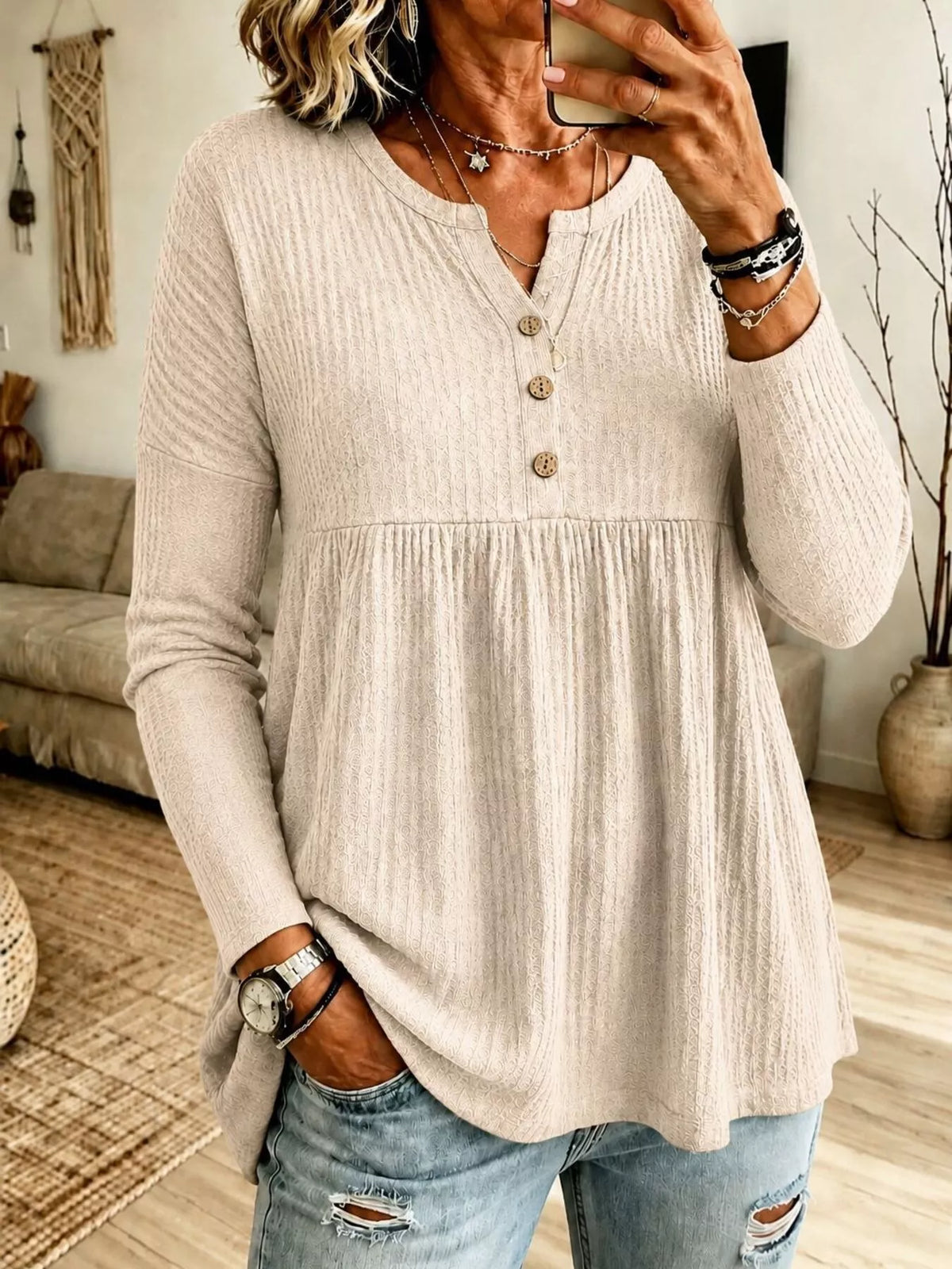 Button Detail Knitted Casual Top - Apricot - View 1