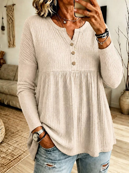 Button Detail Knitted Casual Top - Apricot - View 1