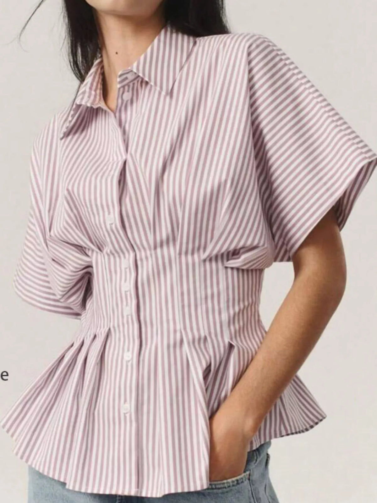 Striped Cinched Waist Shirt - Red - View 12