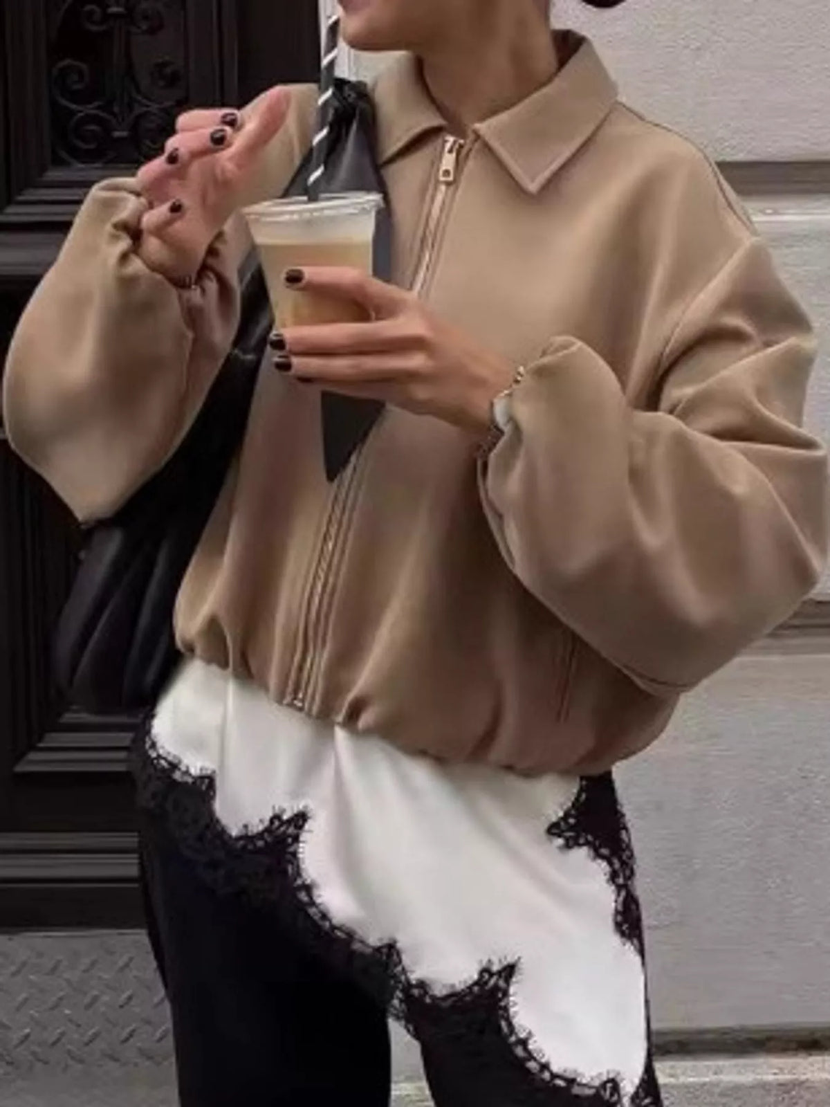 Cropped Zip-Up Jacket - Khaki - View 10