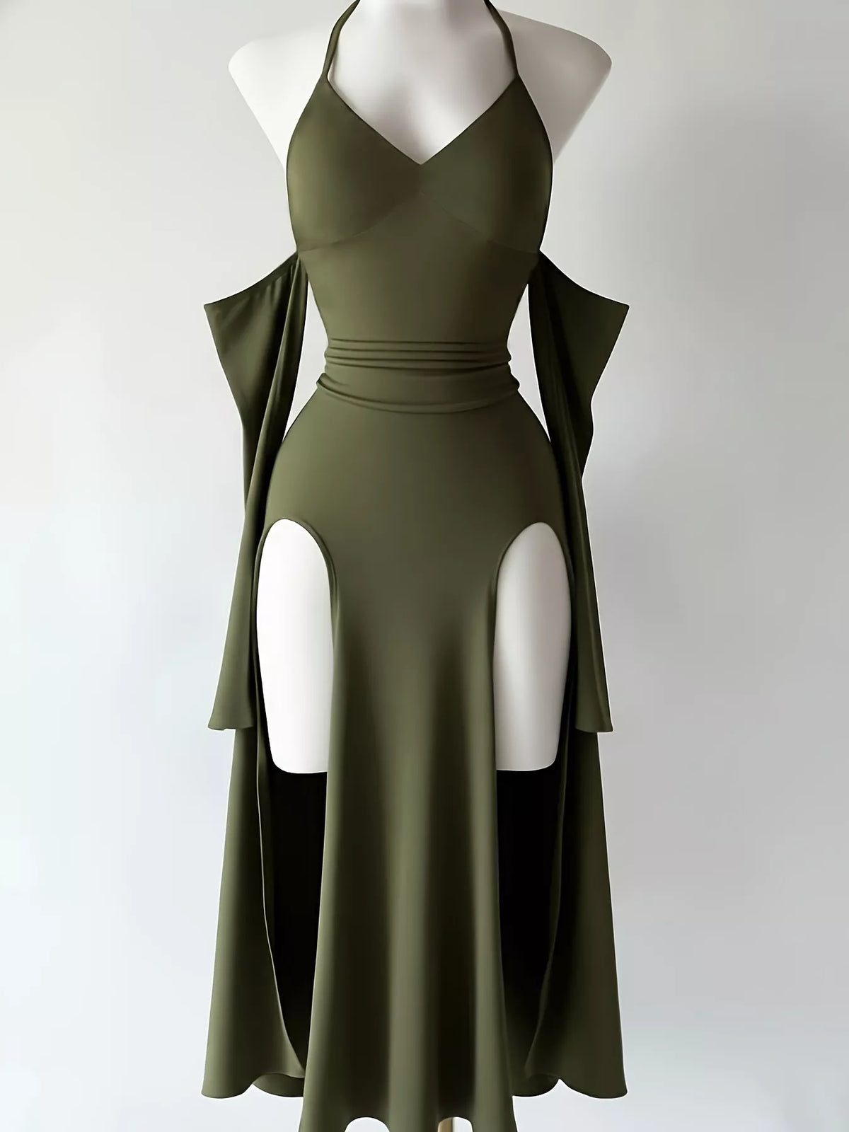 Halter Neck High-Slit Bodycon Dress - Army Green - View 3