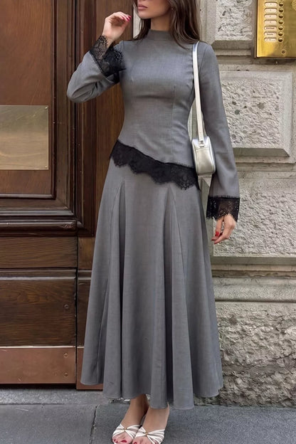 Lace Detail Mock Neck Top and Skirt Set - Dark Gray - View 1