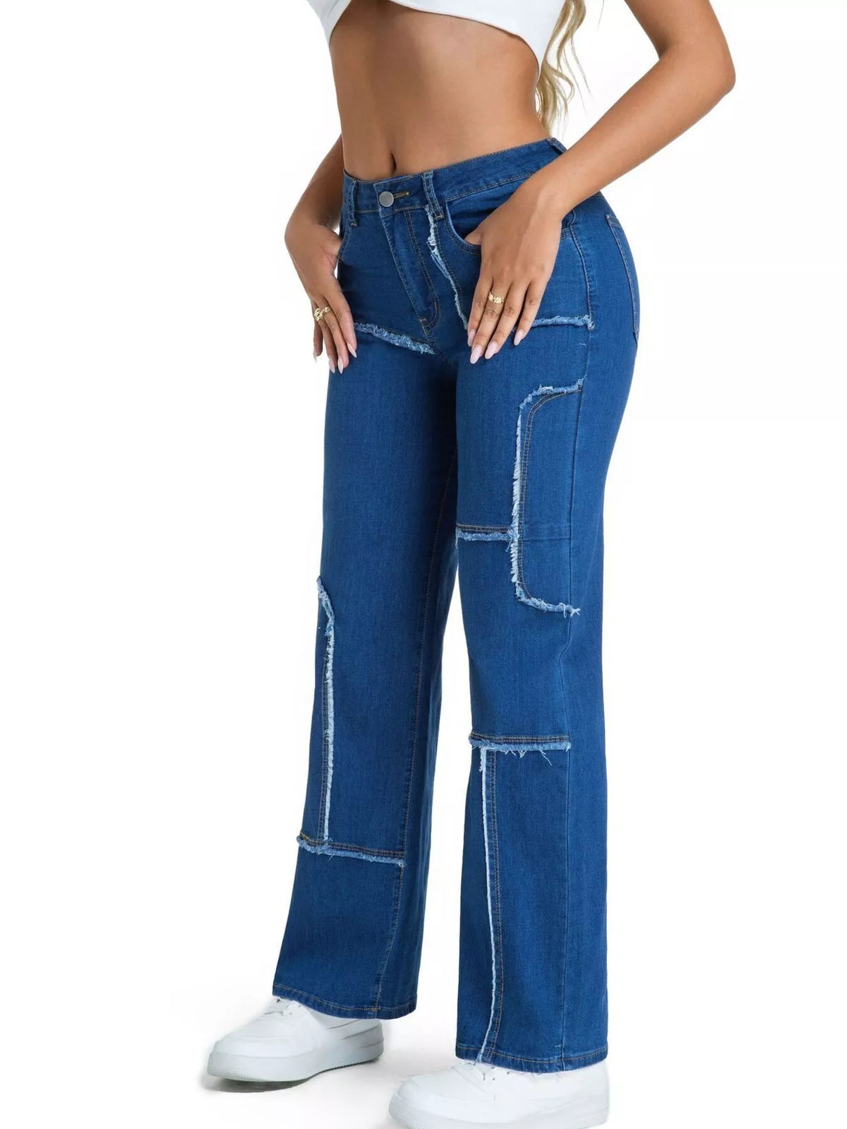 Frayed Edge Straight Leg Jeans - Medium Blue - View 4