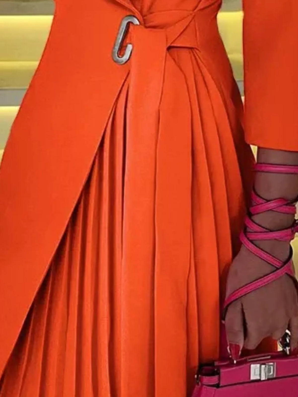 Blazer Style Pleated Midi Dress - Orange - View 2