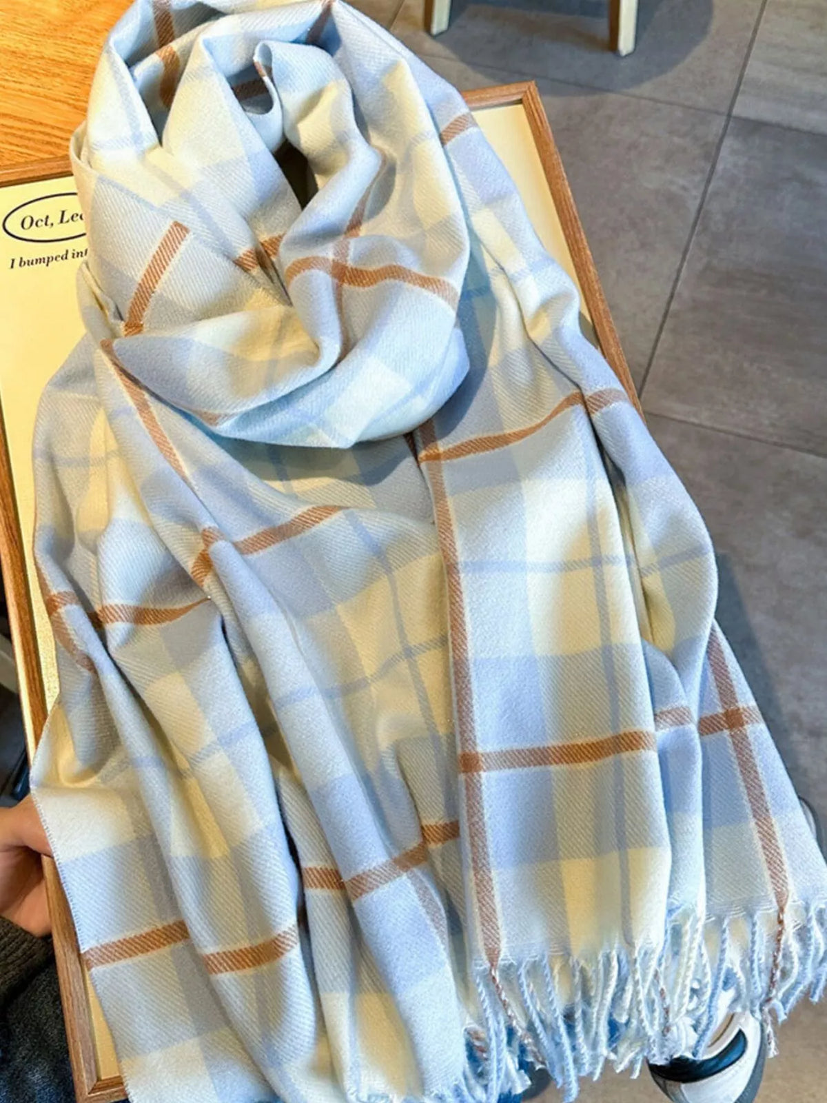 Classic Plaid Fringe Scarf - Sky Blue - View 5