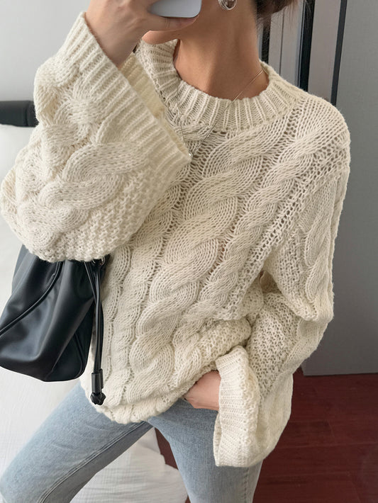 Cable Knit Round Neck Sweater - White - Updated supplier view 2