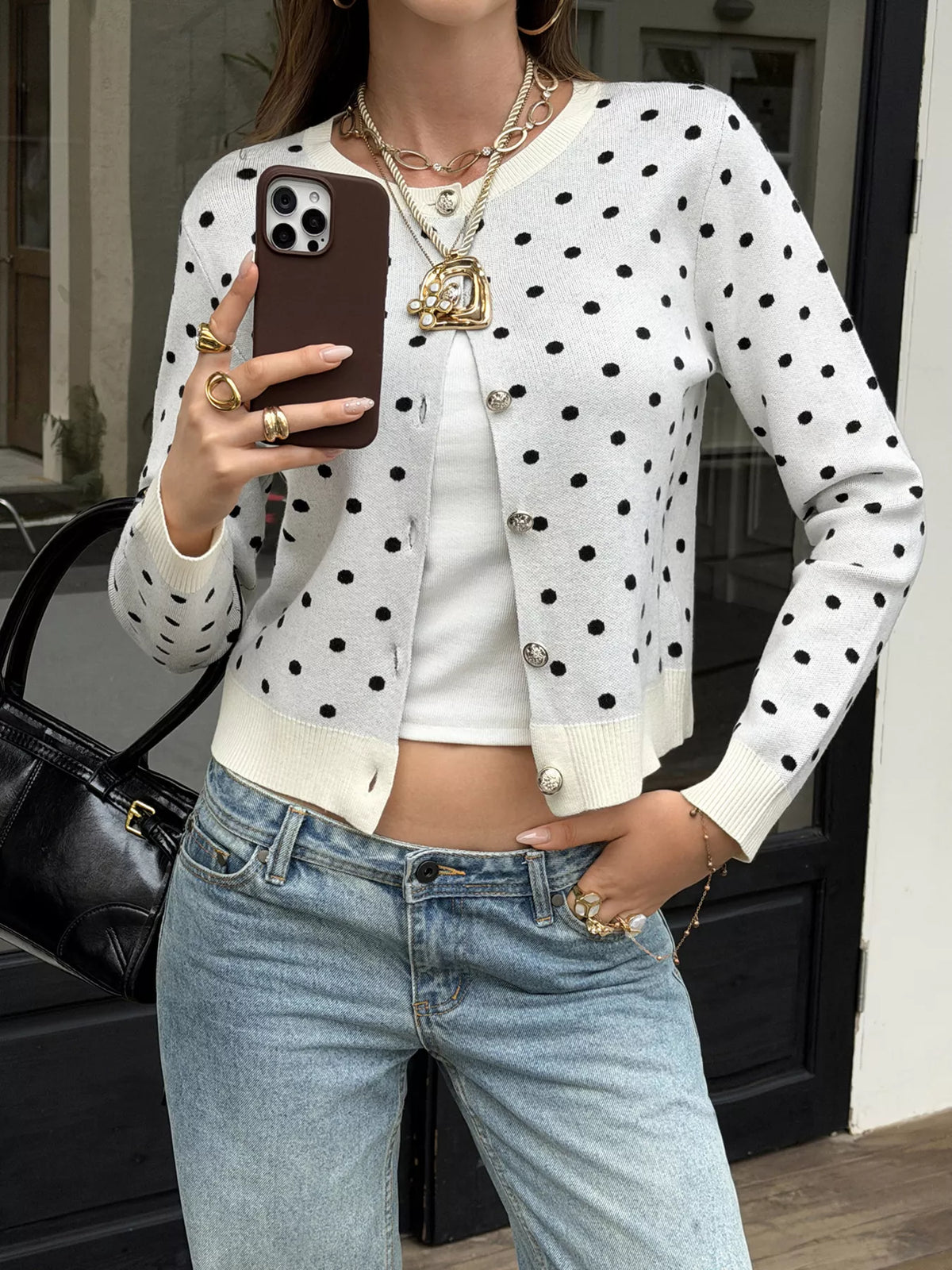 Polka Dot Button-Down Front Cardigan - White - View 4