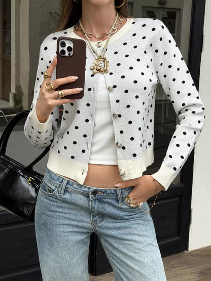 Polka Dot Button-Down Front Cardigan - White - View 4