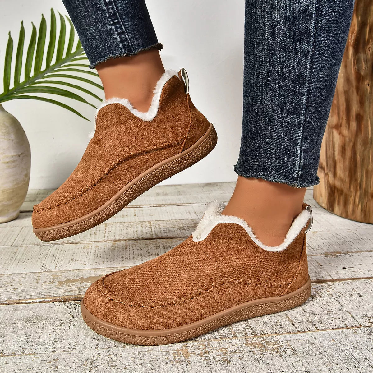 Round Toe Plush Lined Shoes - Tan - View 3