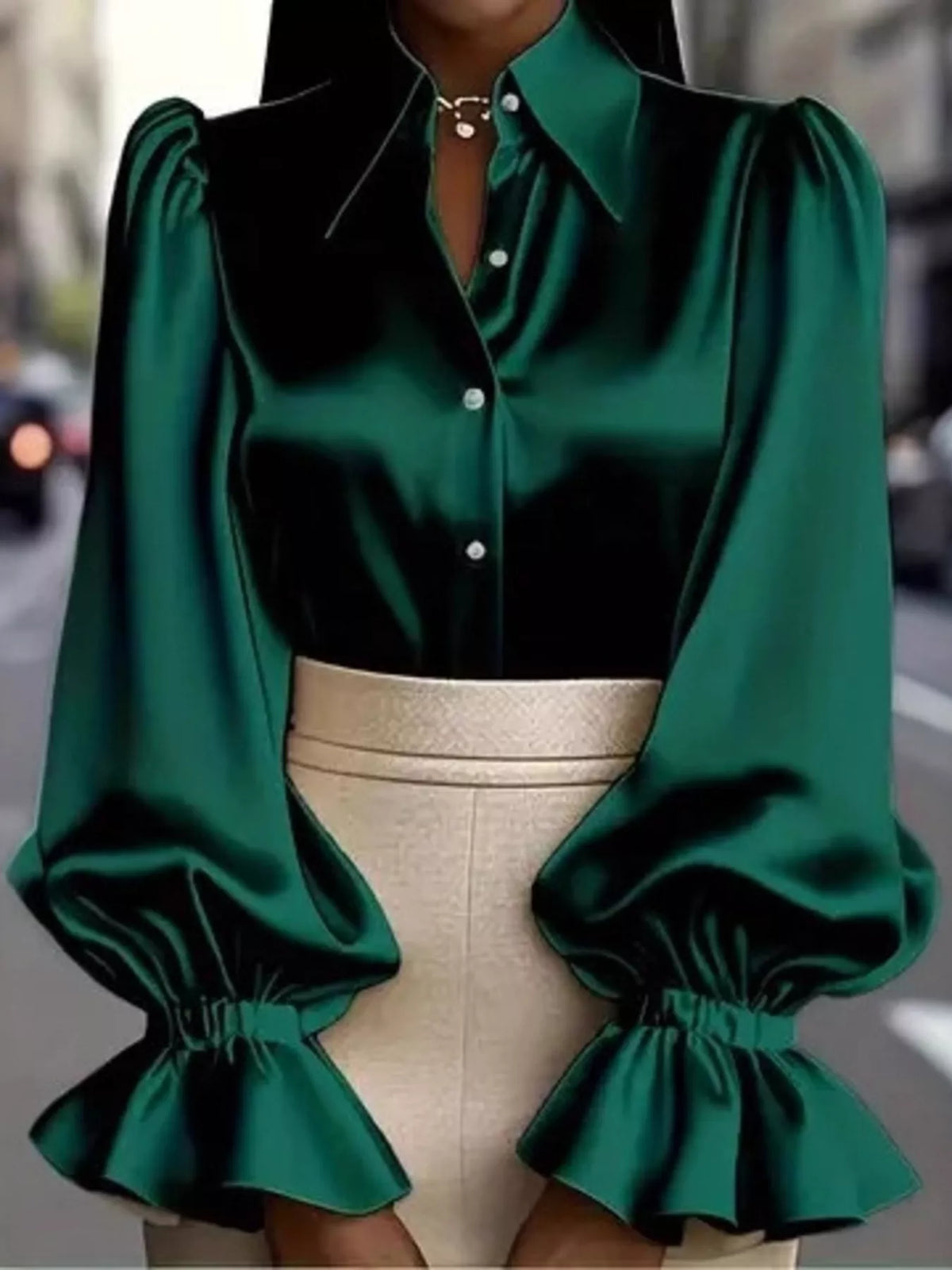 Satin Button Up Flounce Sleeve Shirt - Green - View 5