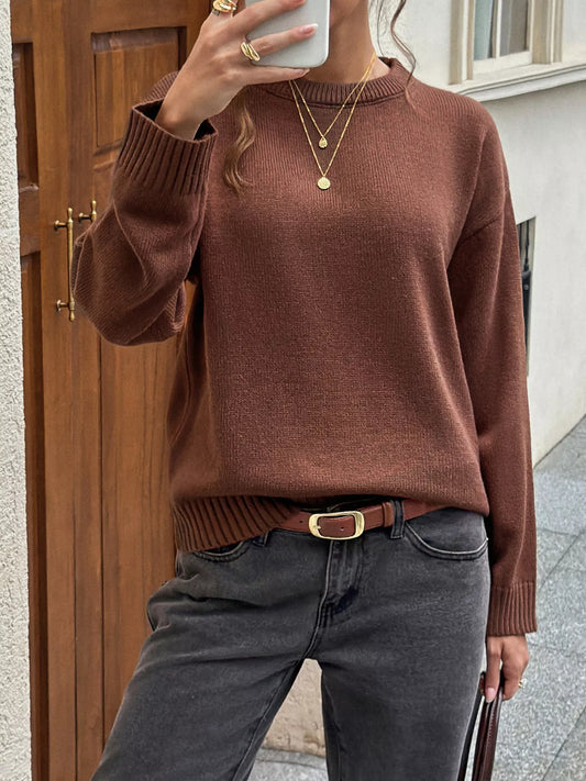 Crew Neck Ribbed Hem Sweater - Brown - View 2