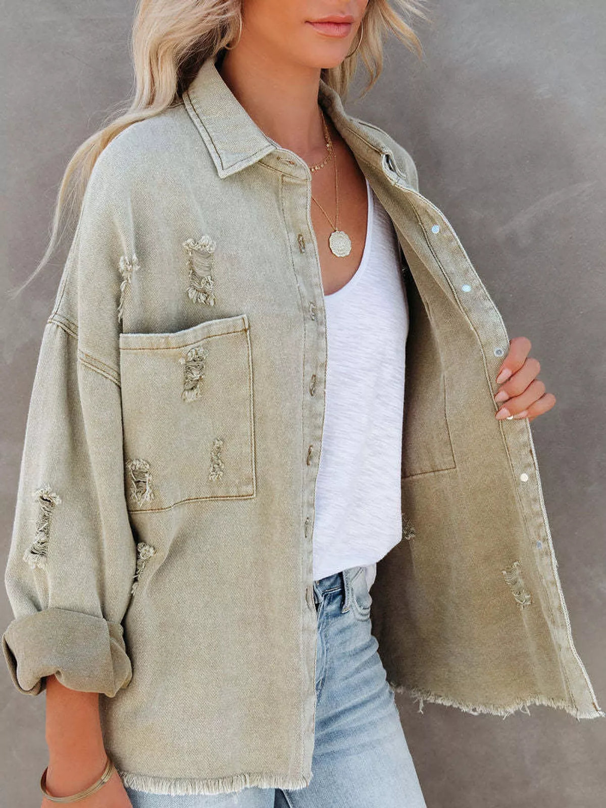 Distressed Raw Hem Denim Jacket - Matcha Green - View 4