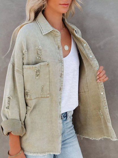 Distressed Raw Hem Denim Jacket - Matcha Green - View 4