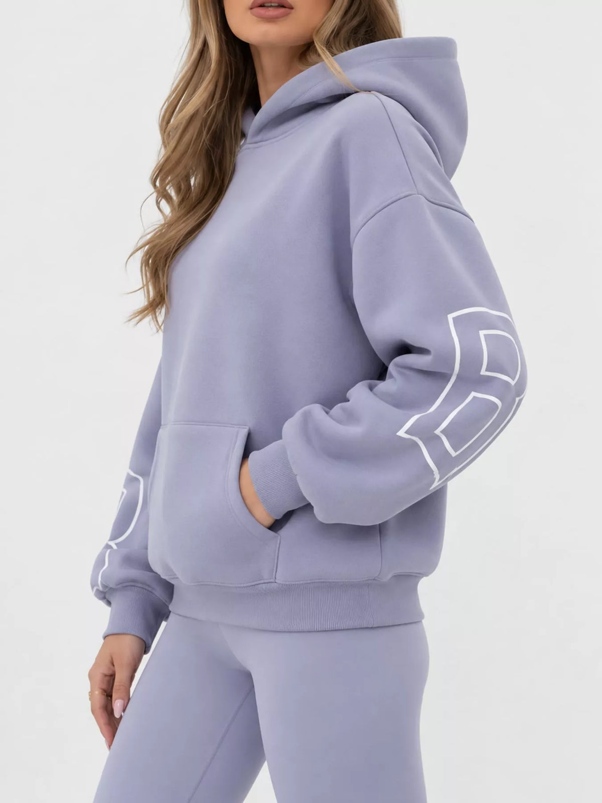 Letter Back Hoodie with Kangaroo Pocket - Lavender - View 16