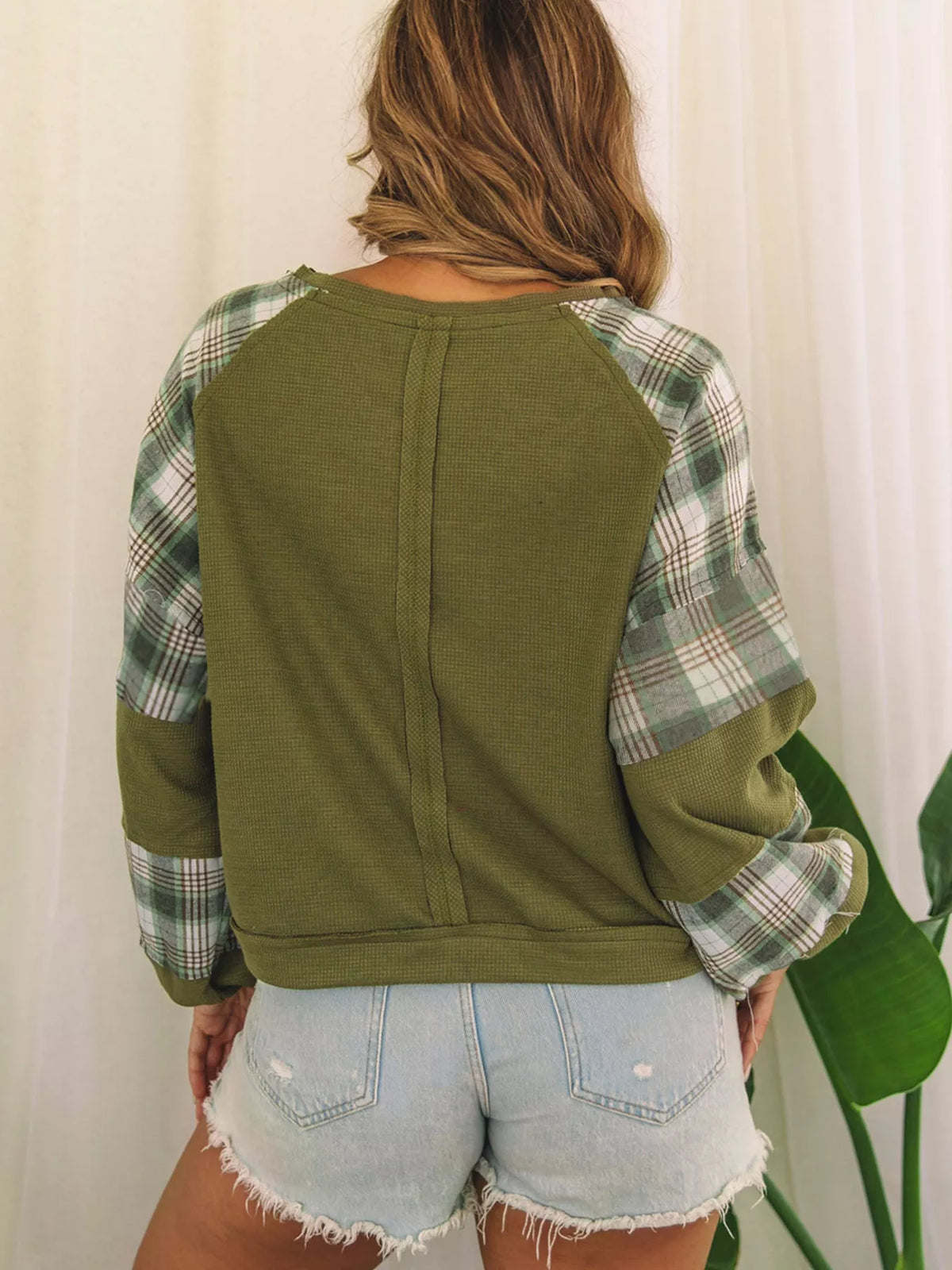 Plaid Patch Waffle Knit Exposed Seam Bubble Sleeve Top - Moss - View 2