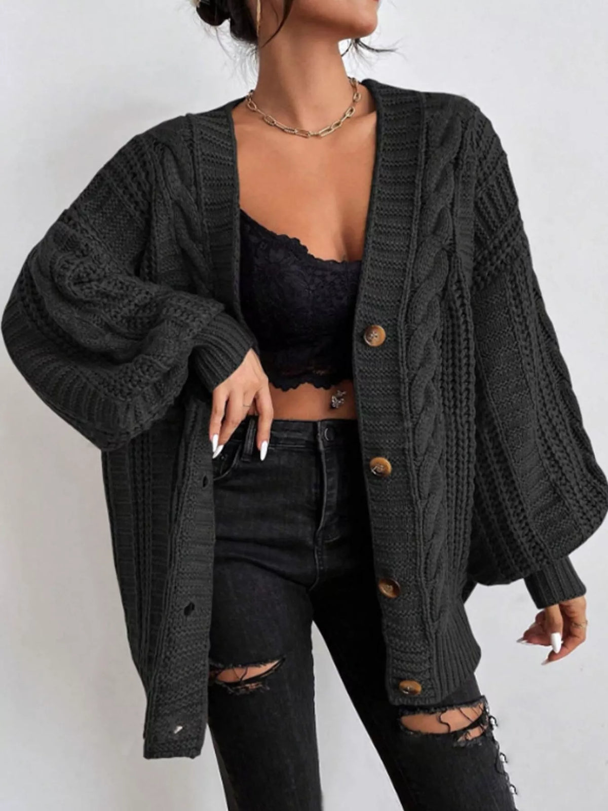 Cable Knit Button-Down Cardigan - Black - View 17