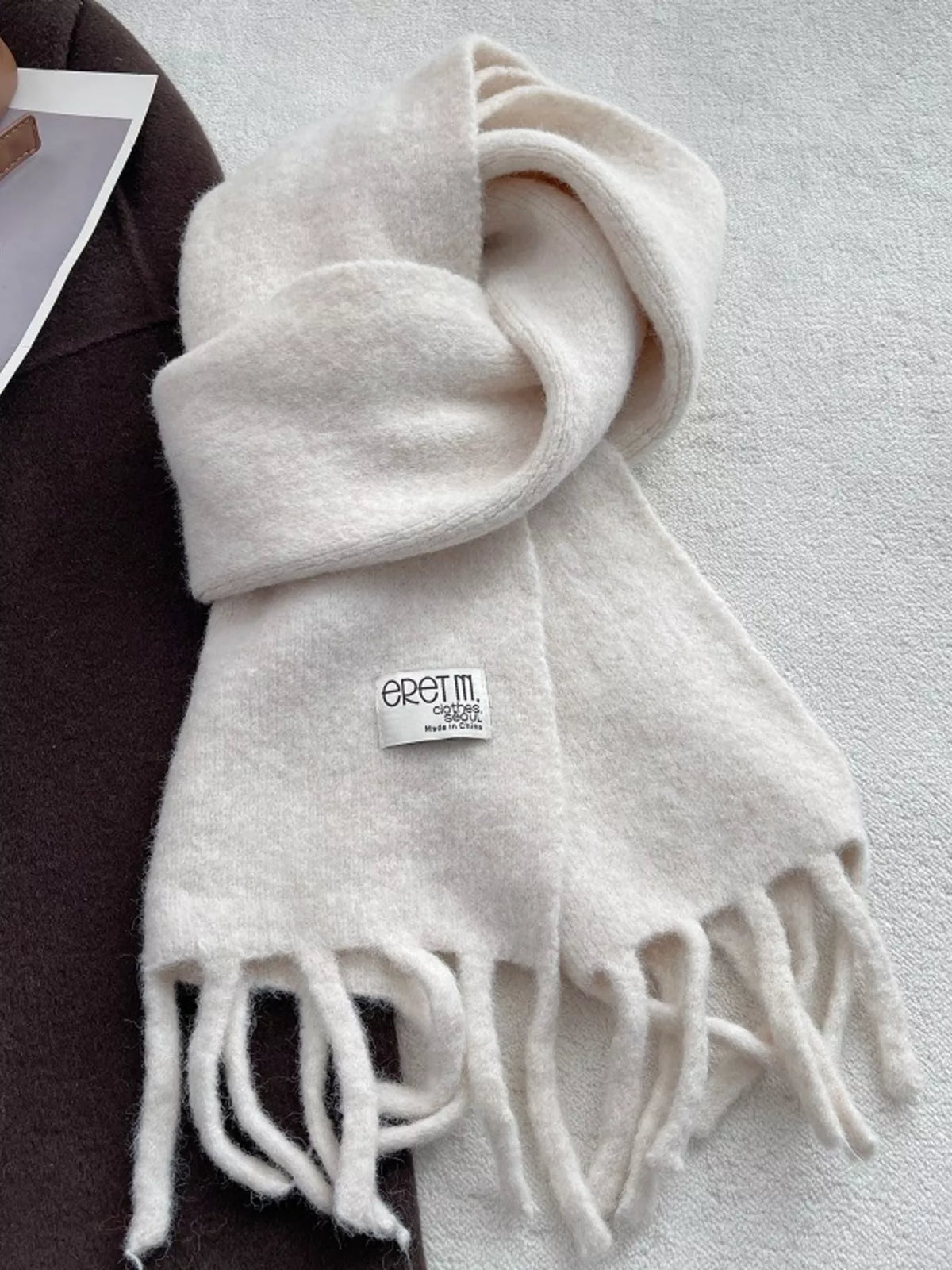 Fringe Solid Color Scarf - Ivory White - View 5