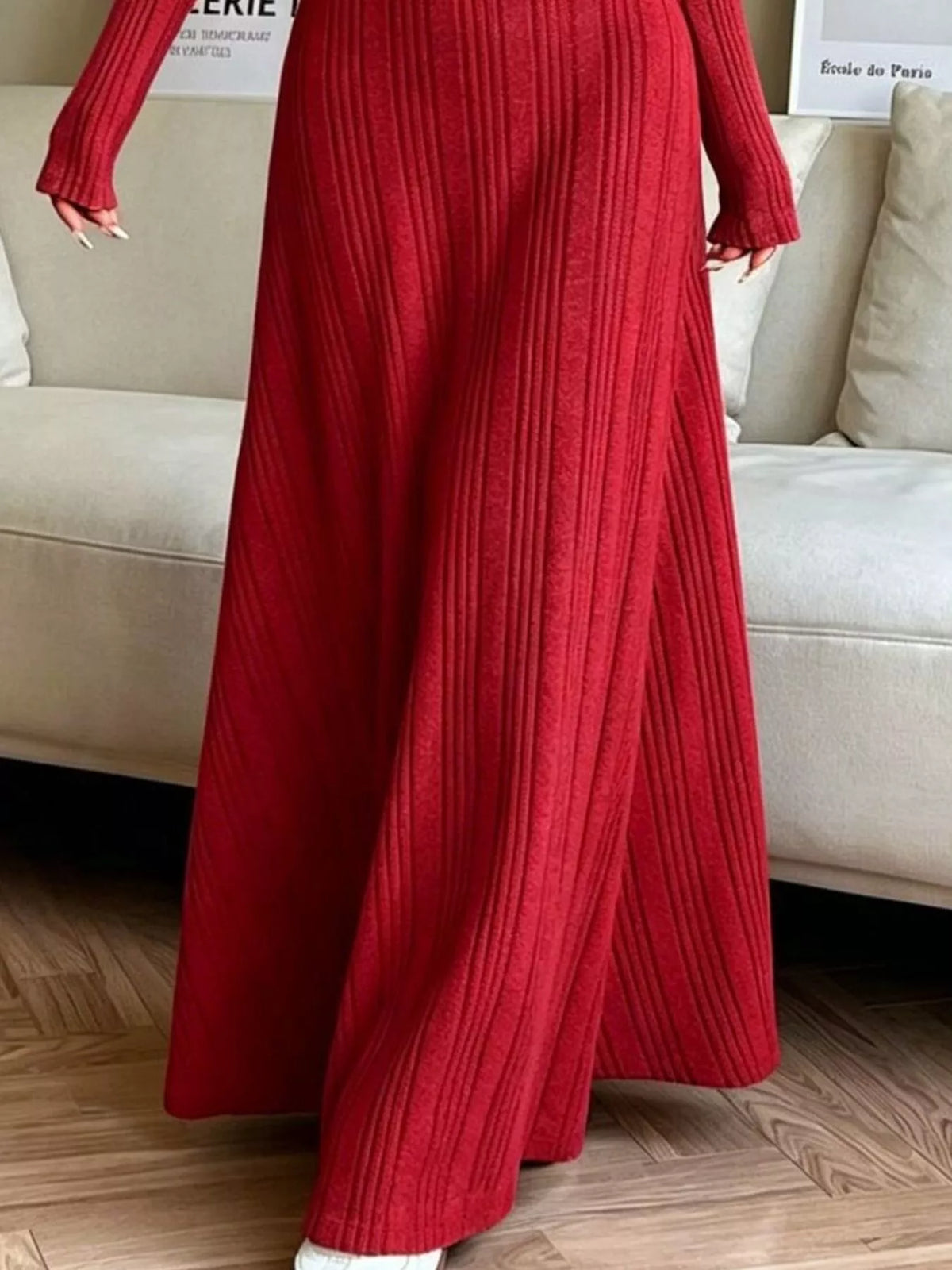 Long Sleeve Ribbed Knit Dress - Deep Red - View 3
