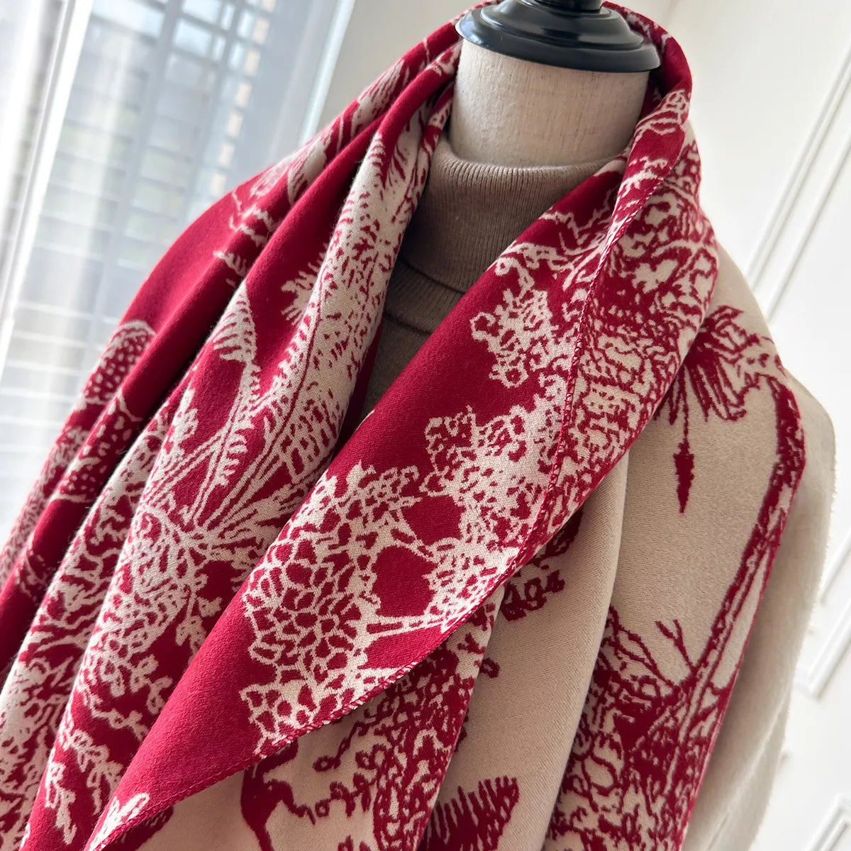 Raw Hem Winter Scarf - Deep Red - View 2