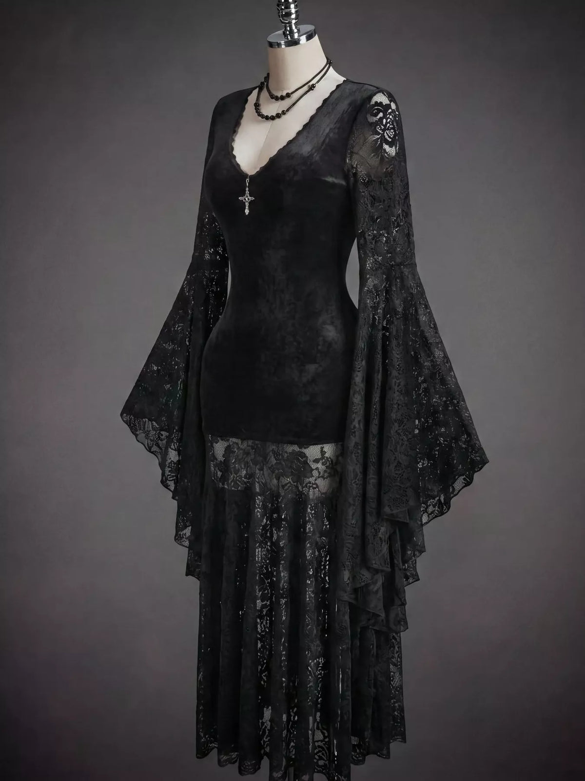 Lace V-Neck Flare Sleeve Dress - Black - View 2