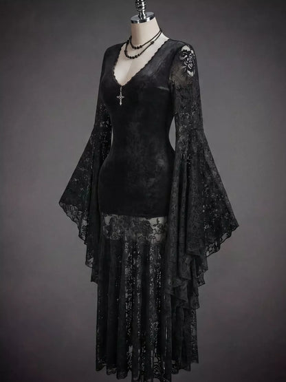 Lace V-Neck Flare Sleeve Dress - Black - View 2