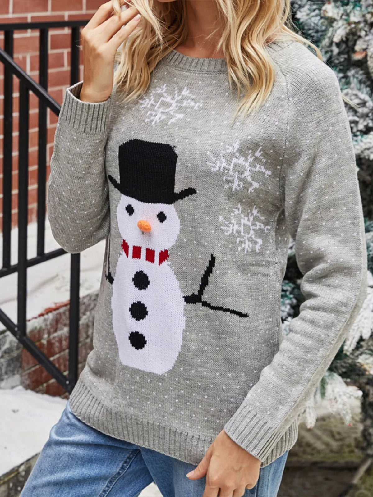 Snowman Graphic Raglan Sleeve Sweater - Grey - View 4