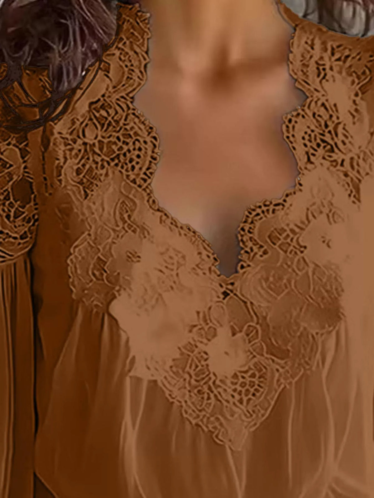 Full Size Lace V-Neck Flounce Sleeve Blouse Plus Size - Dark Brown - View 14