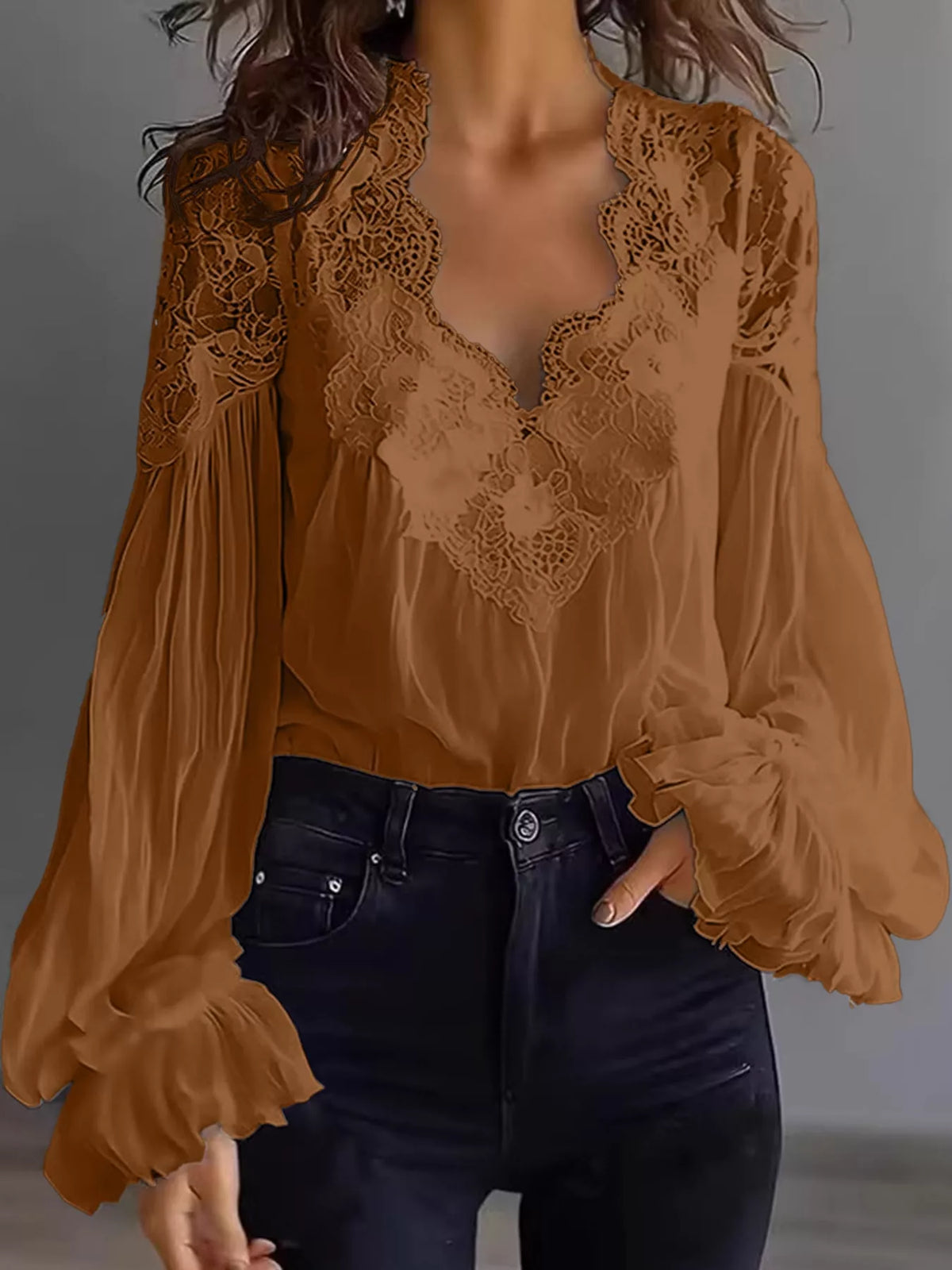 Full Size Lace V-Neck Flounce Sleeve Blouse Plus Size - Dark Brown - View 13