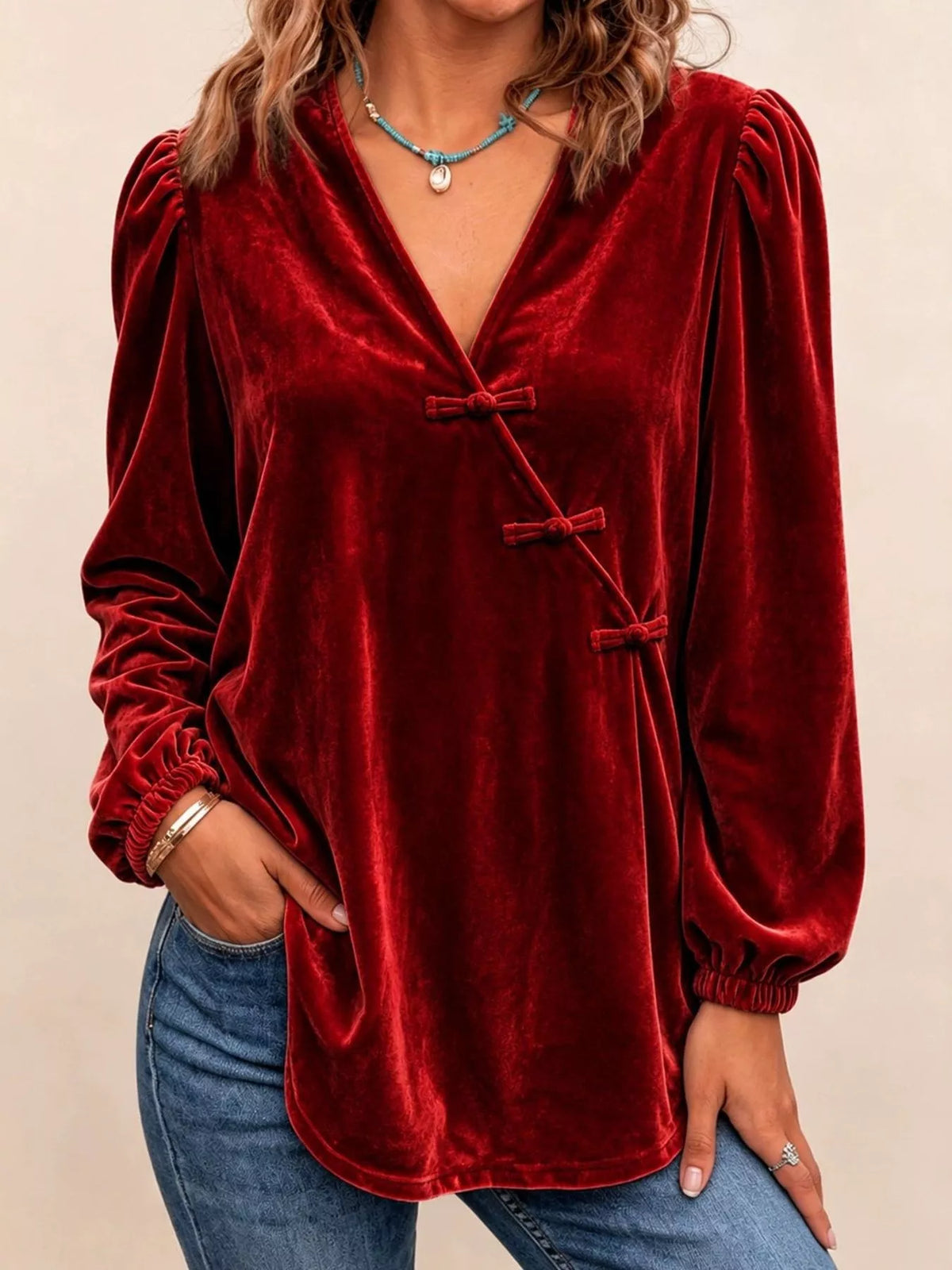 Chinese-Style Knot Buttons Velvet Blouse - Burgundy - View 1