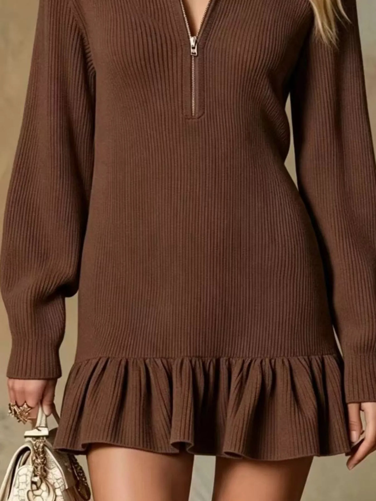 Ruffle Hem Half Zip Dress - Dark Brown - View 2