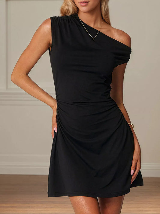 One-Shoulder Ruched Mini Dress - Black - View 1