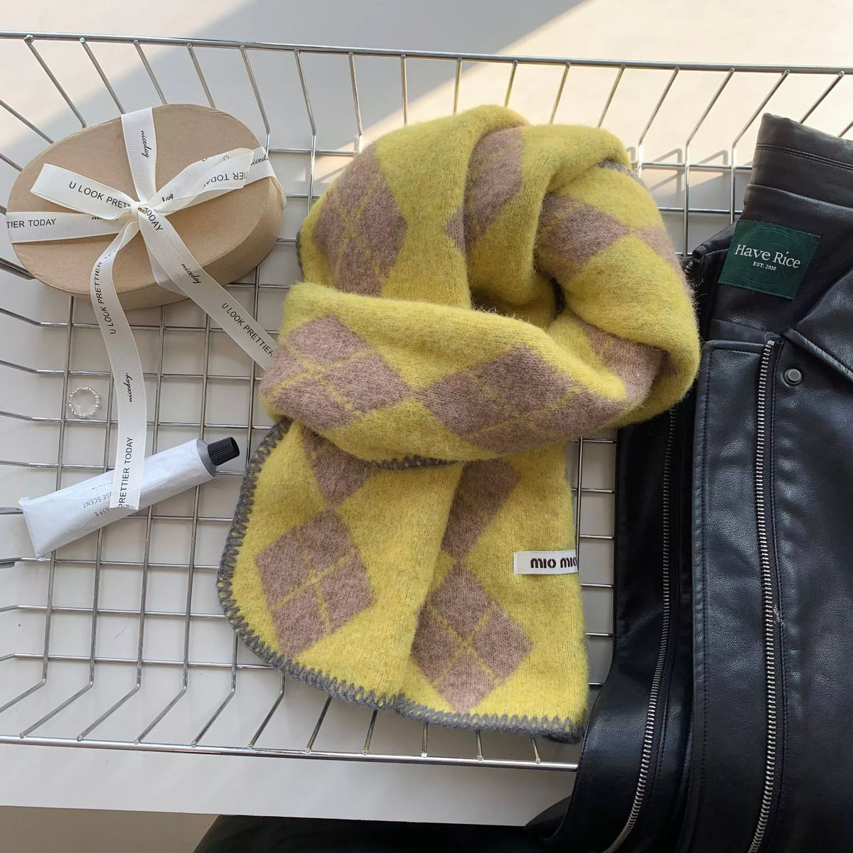 Argyle Pattern Warm Scarf - Mustard - View 5