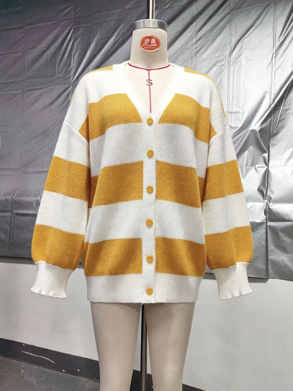 Striped V-Neck Button-Down Cardigan - Sherbet - View 2