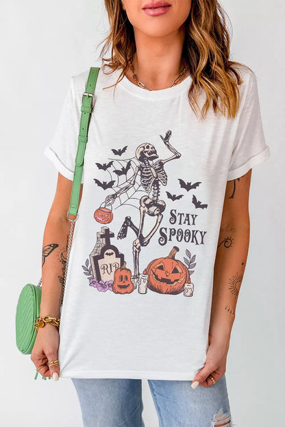 Full Size Skull Pumpkin Face STAY SPOOKY Graphic Halloween T Shirt Plus Size - All Colors - View 3