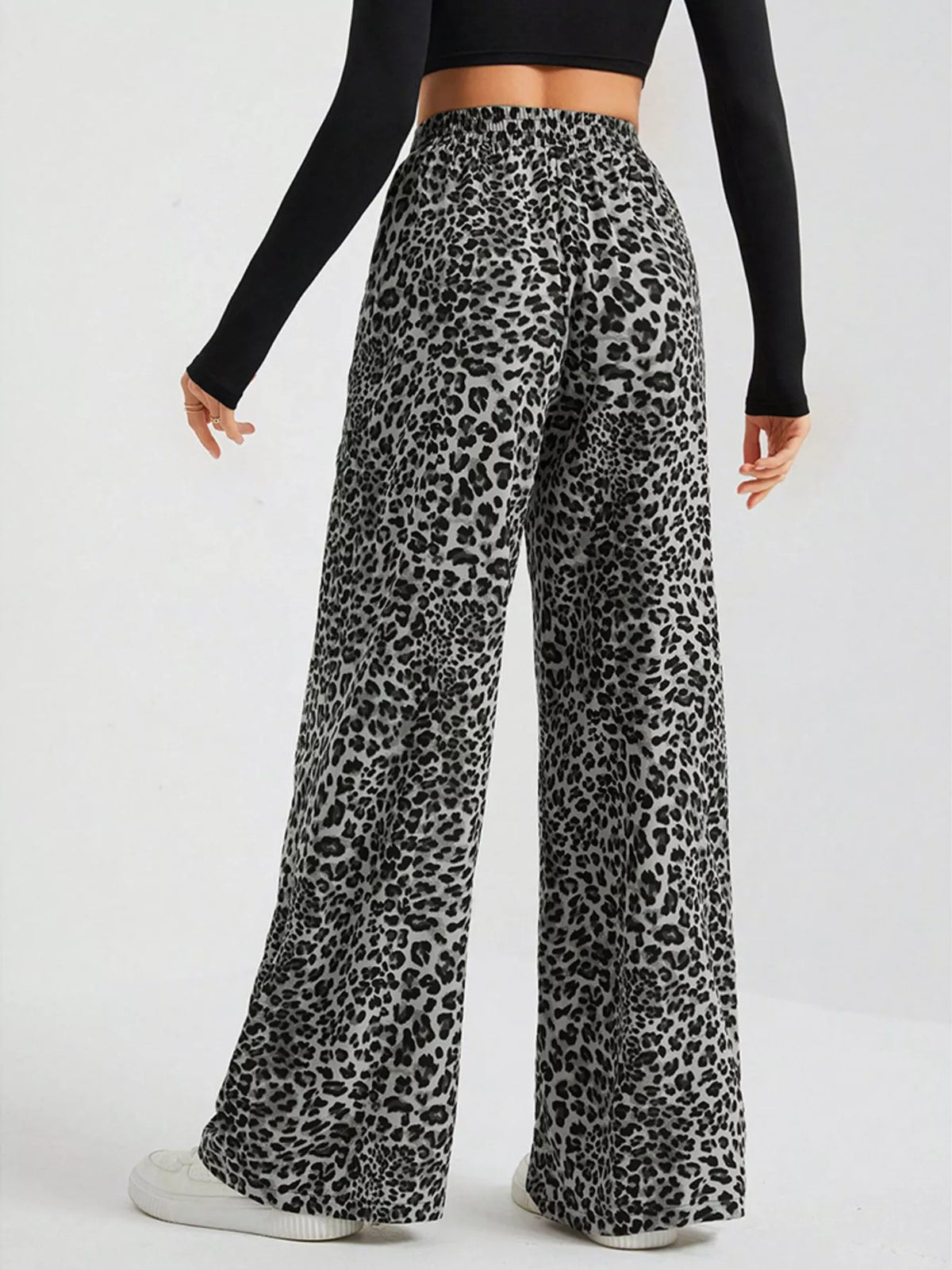 Full Size Leopard Print Wide Leg Pants Plus Size - Black - View 4