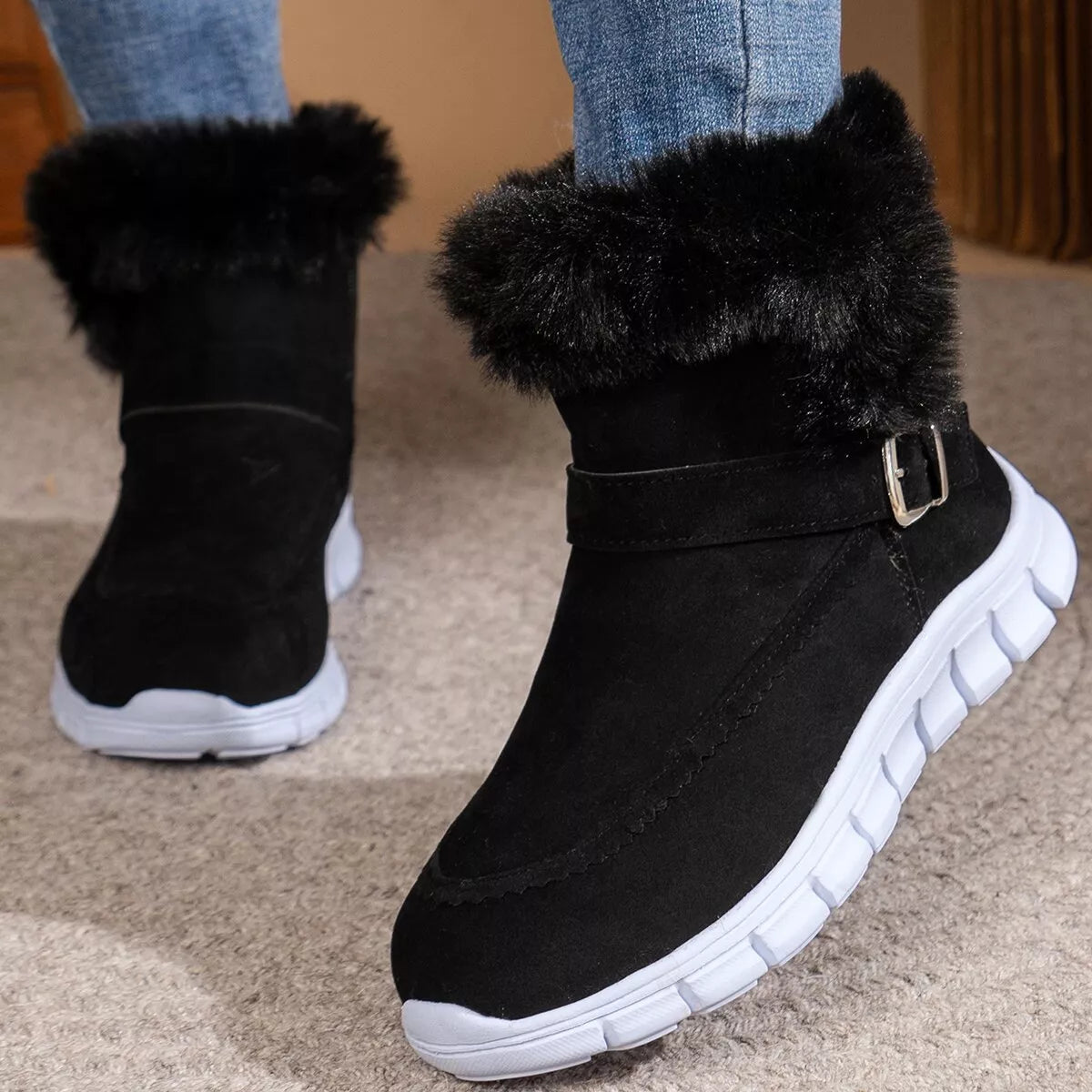 Fuzzy Trim Buckle Boots - Black - View 2