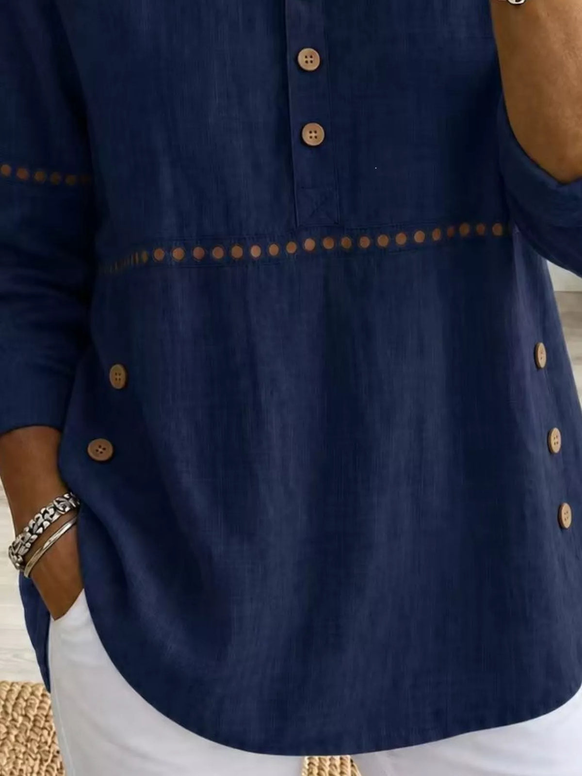 Full Size Button Detail Eyelet Long Sleeve Blouse Plus Size - Navy Blue - View 3