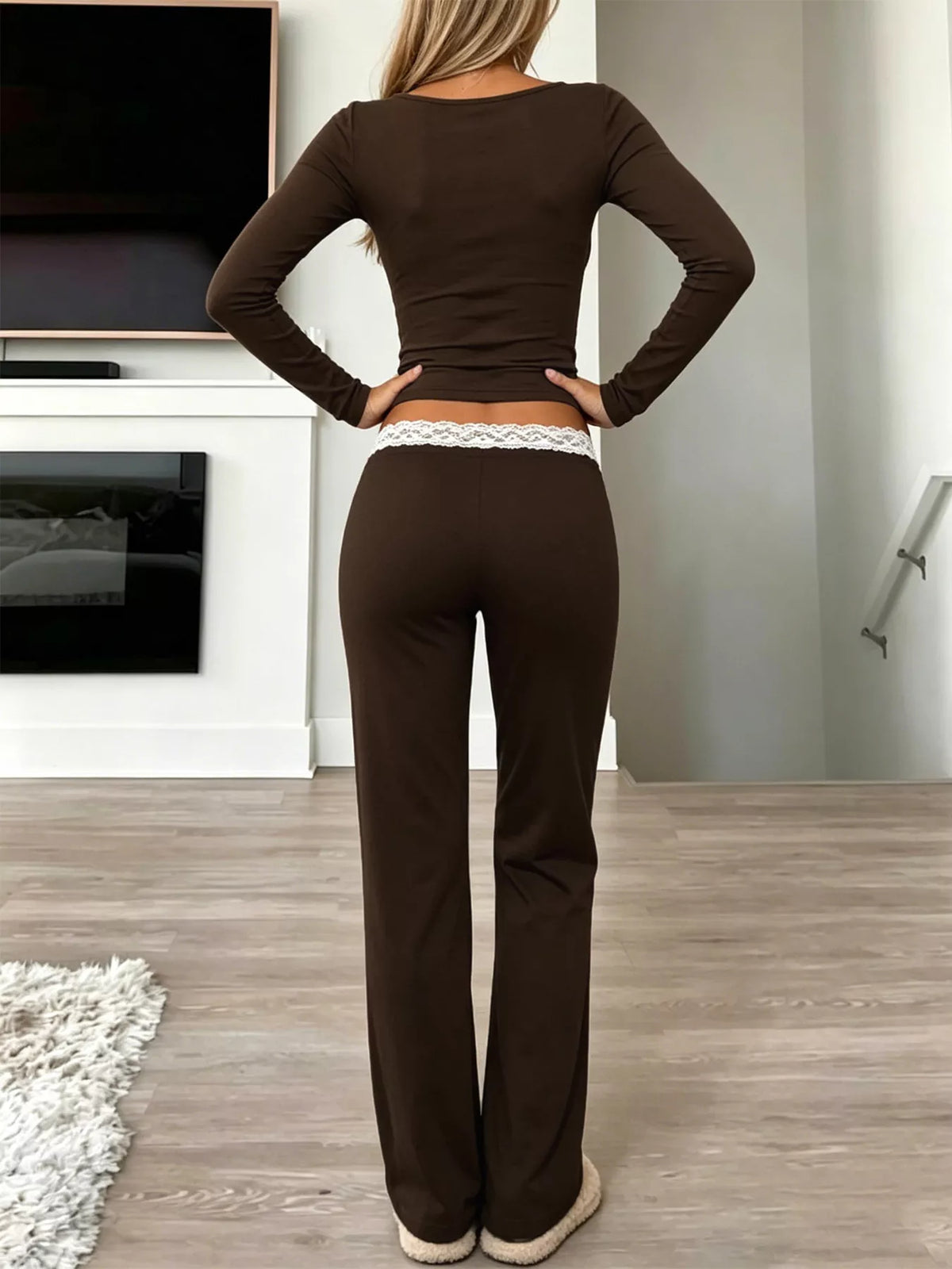 Long Sleeve Lace Trim Crop Top and Wide Leg Pants Set - Brown - View 2