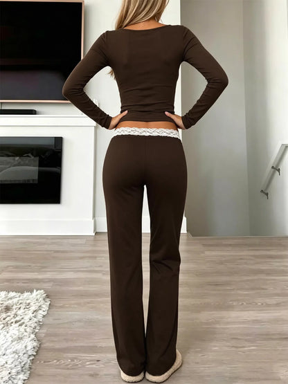 Long Sleeve Lace Trim Crop Top and Wide Leg Pants Set - Brown - View 2